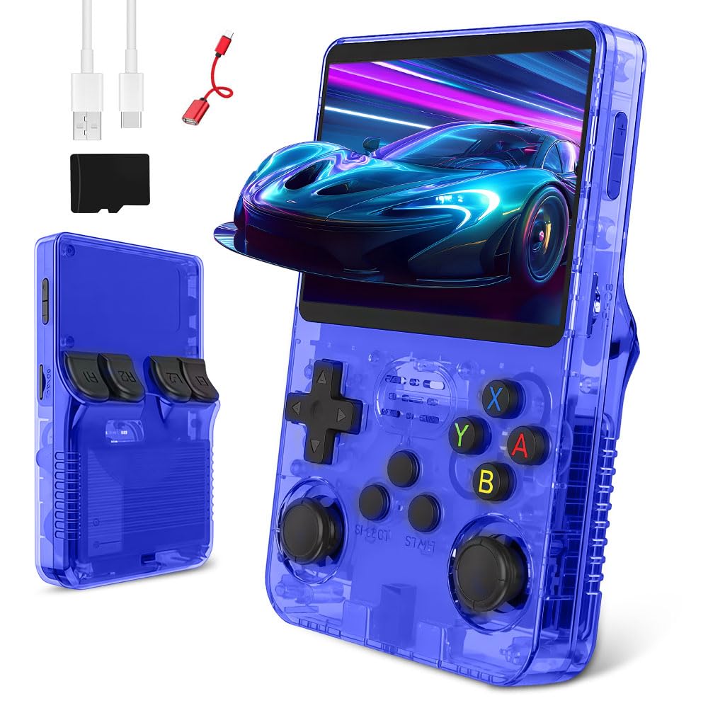 R36s Handheld Game Console, Retro R36s Game Console with 64G TF Card, 3.5 In Screen Linux System Retro Games Console Handheld (Blue, 64, GB)