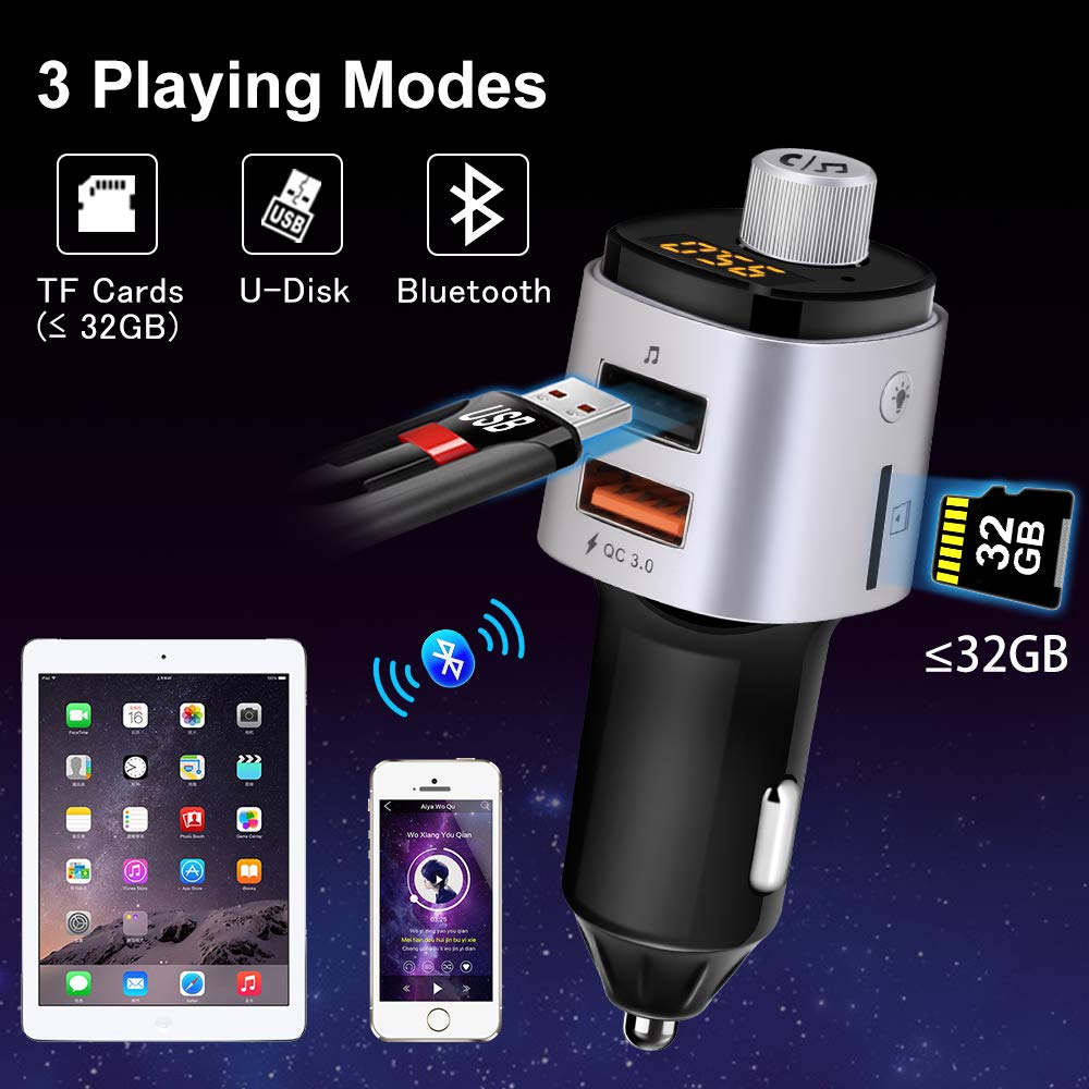 FM Transmitter Car Bluetooth 4.2 with Fastest Phone Charger QC 3.0, Car Radio Audio Adapter, FM Modulator Car MP3 Player Handsfree Car Kit Support QC3.0 Dual USB Charge