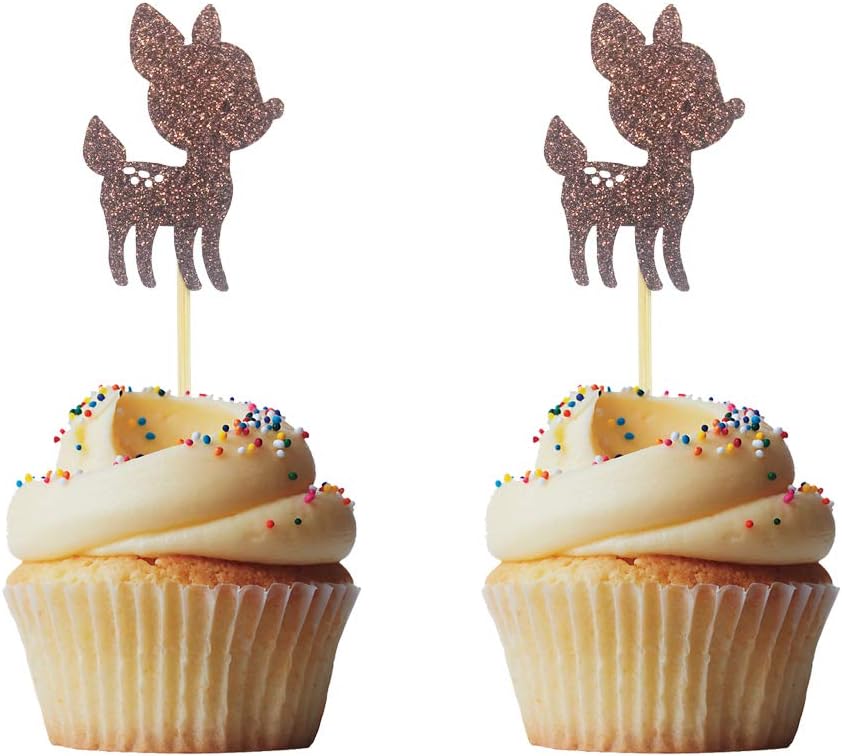 Morndew24 PCS Brown Glitter Baby Deer Fawn Cupcake Toppers for Baby Shower Wedding Party Woodland Birthday Party Decorations