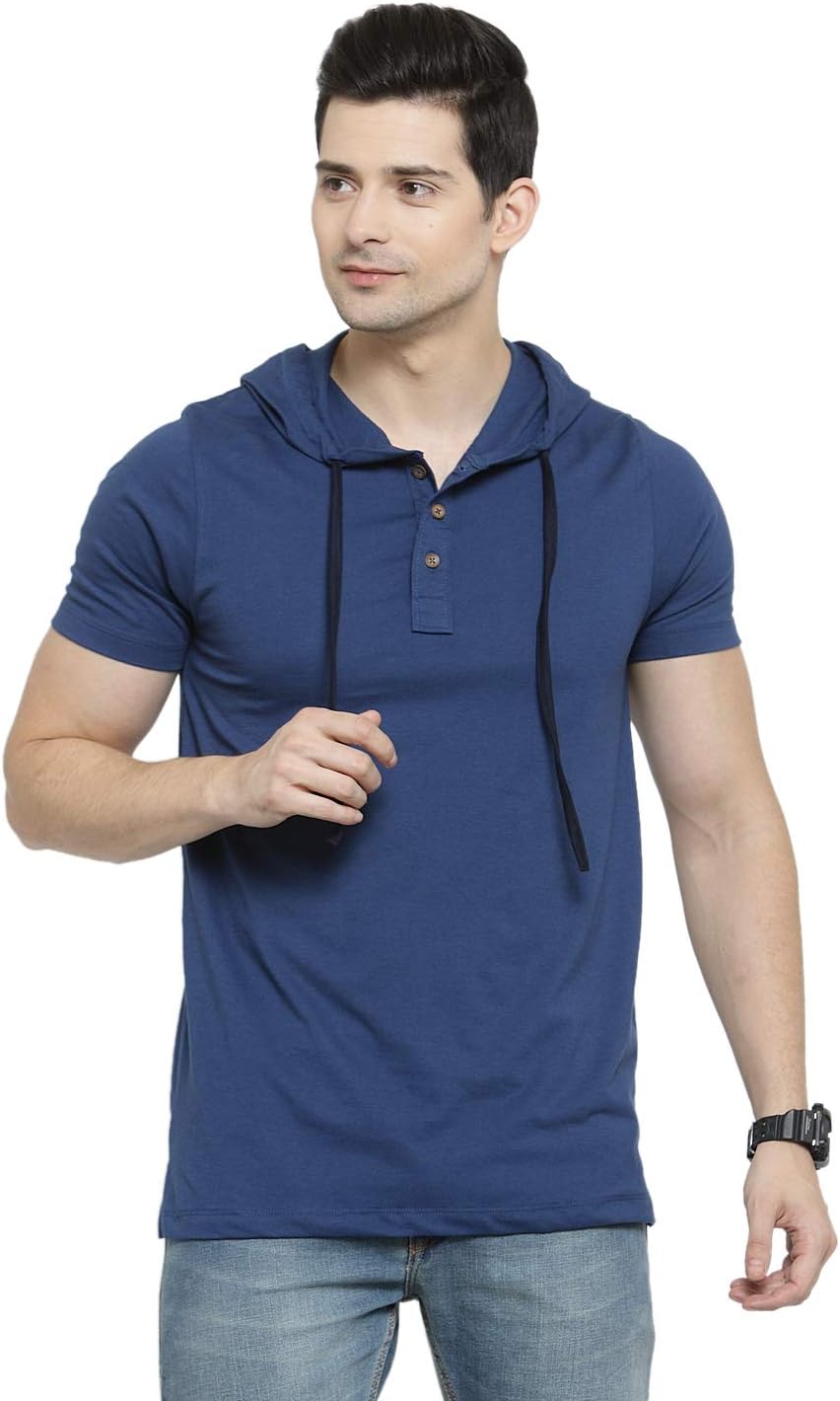 Kalt Men's Half Sleeves Cotton Blend Hoodie (Blue)