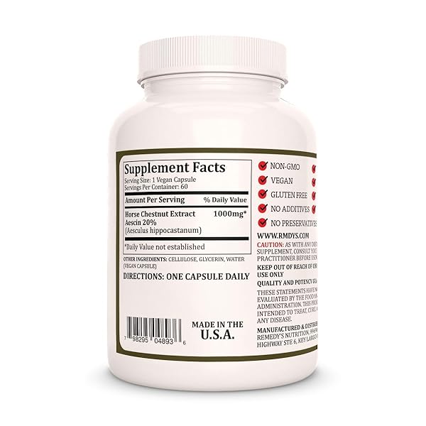 REMEDY’S NUTRITION HORSE CHESTNUT EXTRACT AESCIN 20% | 1,000MG, 60 VEGAN CAPSULES HERBAL DIETARY SUPPLEMENT | TWO MONTH SUPPLY