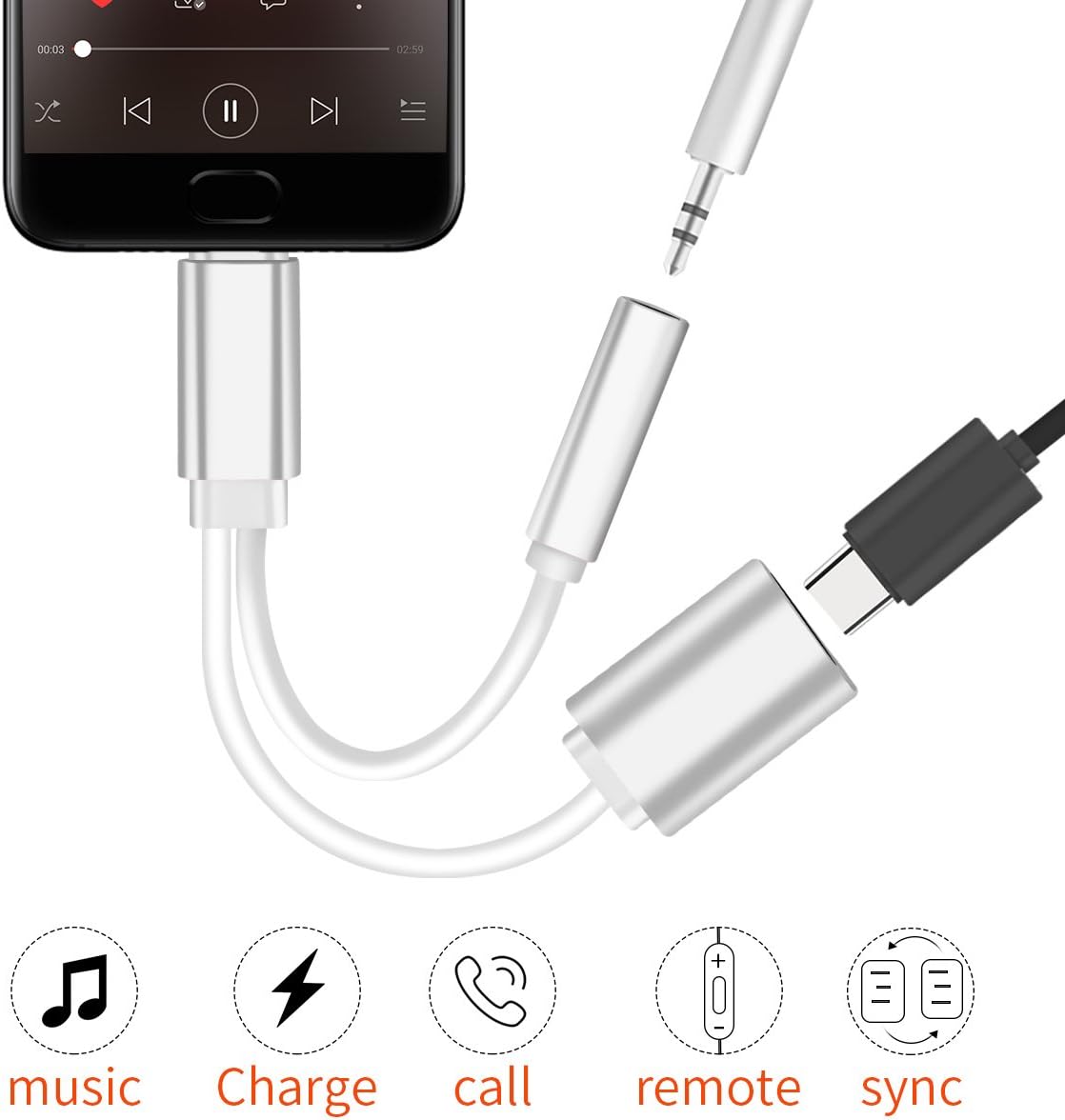 Bkayp 2 in 1 Type C to 3.5mm Audio Headphone Jack Conversion Adapter with Type C Charging Port Splitter for LeEco Le 2, Letv Le Max 2, Letv Le Pro 3, Xiaomi 6 and Other Smartphones with Type C Port (Silver)