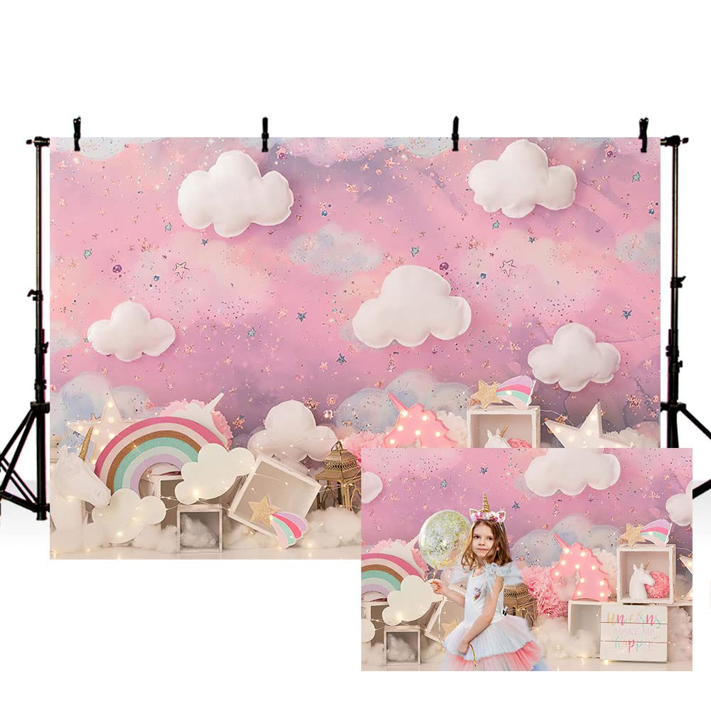MEHOFOND 7x5ft Pink Girl Birthday Photography Backdrops White Cloud Stars Rainbow Portrait Background Unicorn Baby Shower Party Banner Cake Smash Table Decoration Photo Studio Booth Props