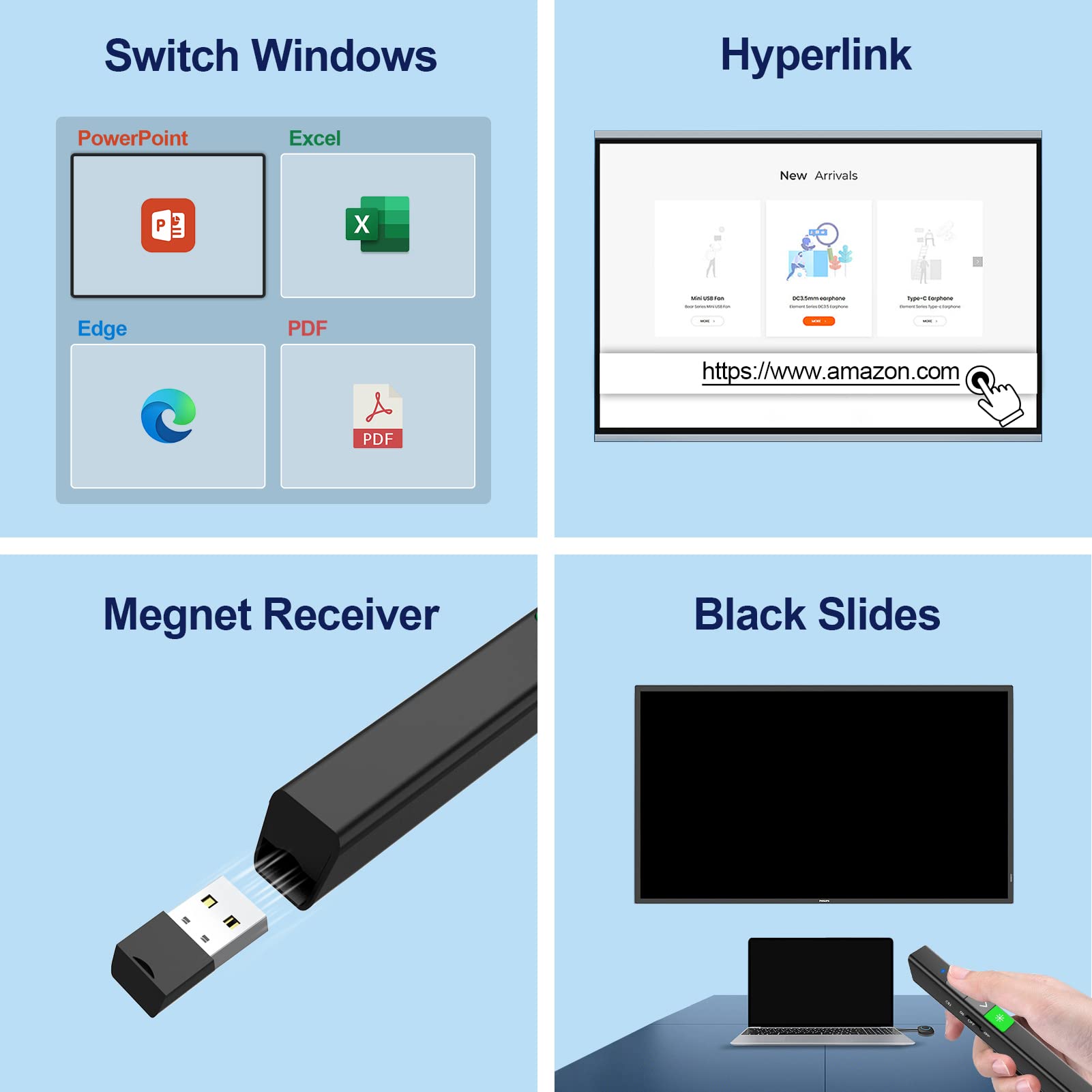 SSPONT Rechargeable Presentation Clicker for Powerpoint, Wireless Presentation Remote Green Laser Pointer for Presenter, Slide Advancer Keynote/PPT/Classroom/MacBook/Mac/Laptop/Windows/Linux (JH37G)