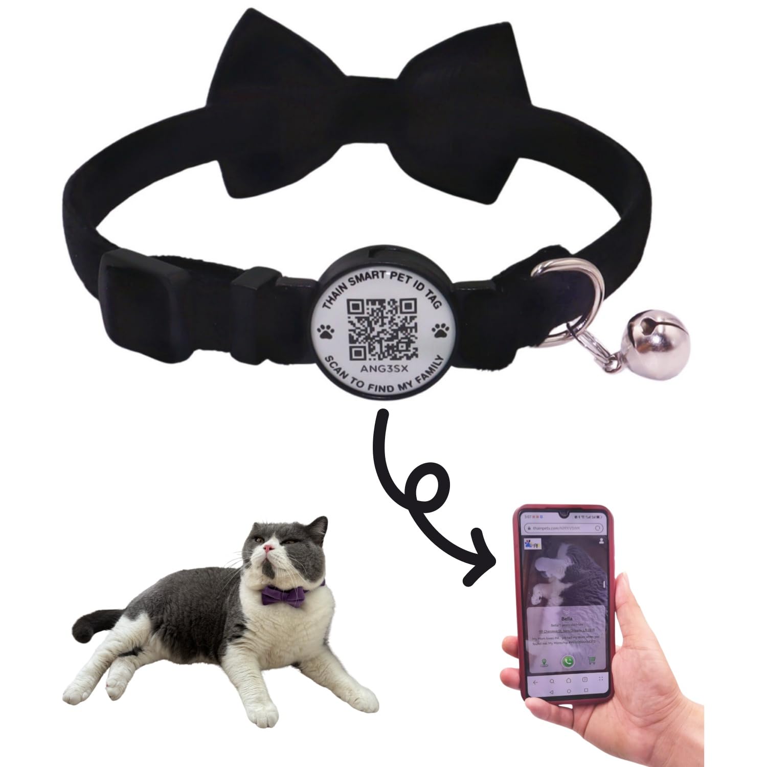 THAIN Personalised Cat Collar with bell and Bowtie Breakaway QR Code Name Smart ID tag quick release soft comfortable collar for cats and kittens (Black)
