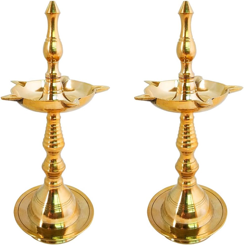 Oil Lamps & Accessories - Crafts of India Brass Kerala Samai Standing Deepak for Puja - Traditional Oil Lamp Diya Indian Engraved Deep Diwali Deepawali Kutthu Vilakku Pooja Return Gift Item [5 inch, Set of 2]