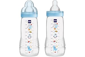 MAM Easy Active Baby Bottle 2 Pack, 11oz, BPA Free, Fast Flow Silicone Nipple, Anti-Slip Grip, Leak-Proof, 4+ Months, Blue Te