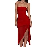 GOKATOSAU Women's Strapless Summer Mesh Ruched Split Asymmetric Ruffle Hem Bodycon Midi Dress