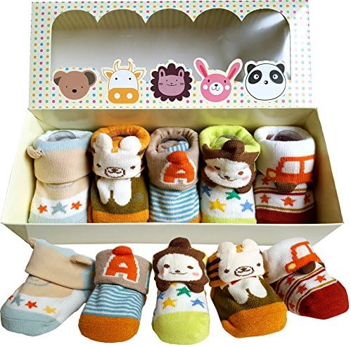 5 Pairs Baby Cartoon Animal Non Skid Anti Slip Newborn Cotton Crew Socks