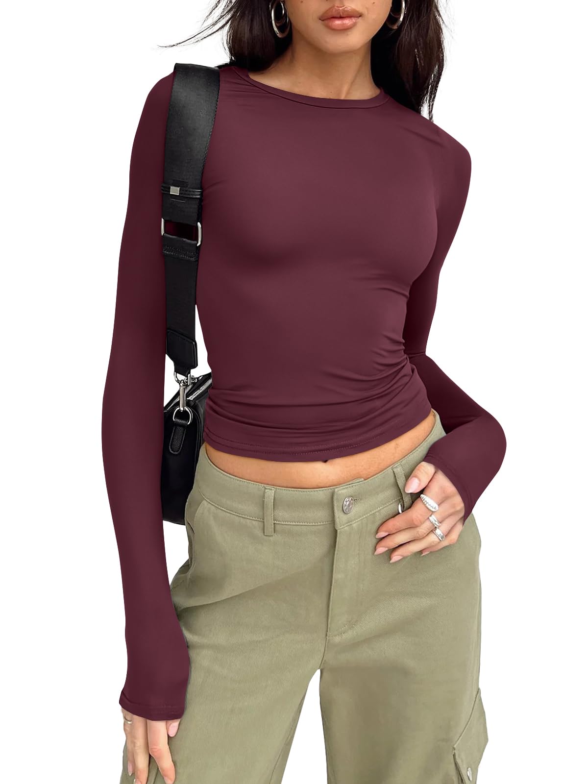 Photo 1 of Trendy Queen Womens Long Sleeve Shirts Fall Fashion 2025 Basic Tees Crop Tops Going Out Workout Outfits Y2k Clothes Wine Red M