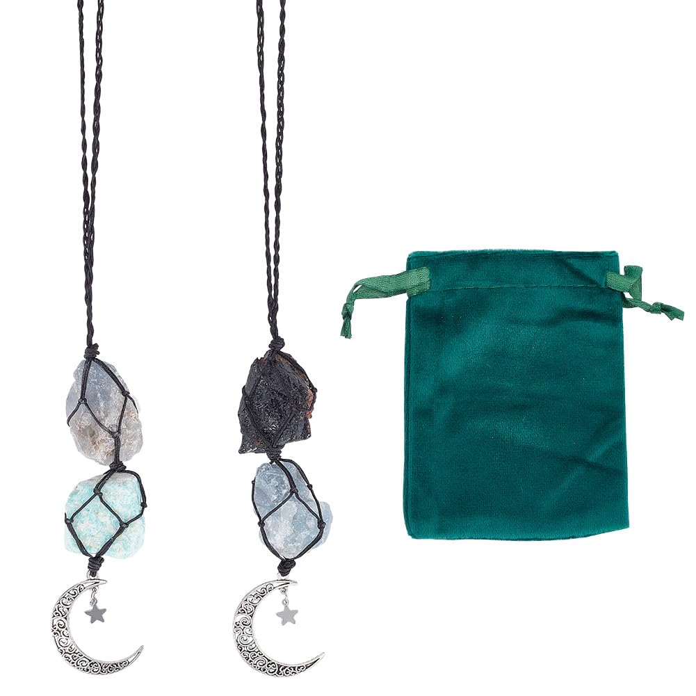 arricraft 2 Pcs Gemstone Hanging Ornaments, 2 Styles Chakra Stones Hanging Ornament Car Charm Dangling Moons with Velvet Drawstring Bags for Home Decor Car Interior Decoration