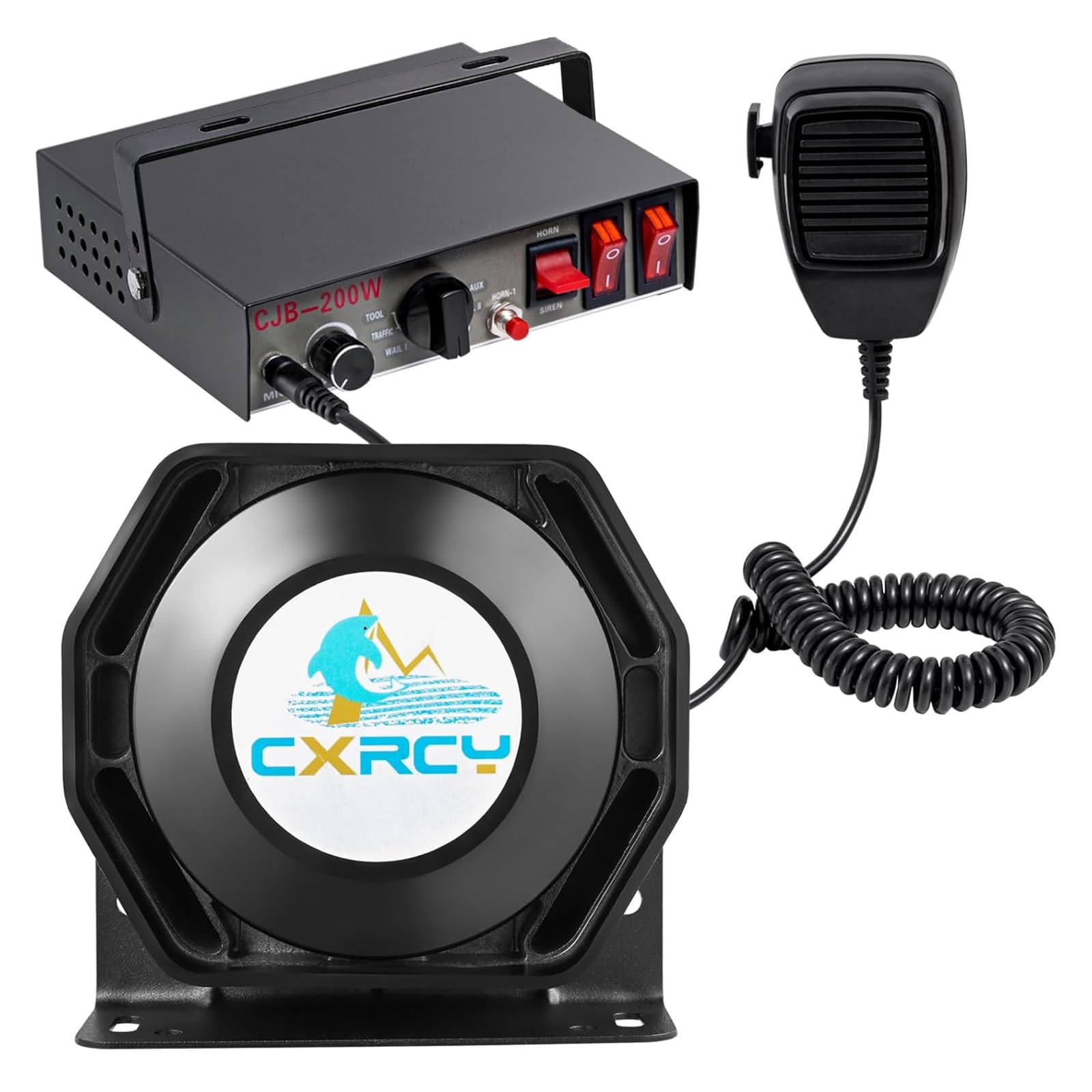 CXRCY 200W Loud Police Siren 12V 9 Tones 120-130dB Emergency Warning Alarm PA System Speaker 1 Horn Handheld Mic PA System for Emergency Police Vehicles & Fire Trucks&Cars