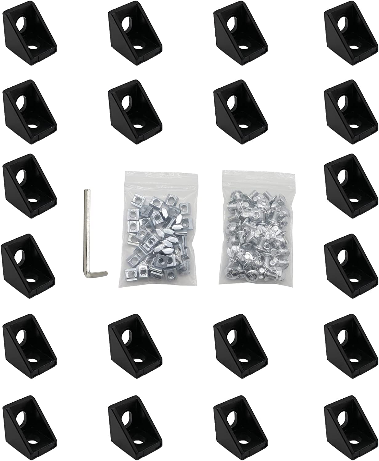 Pack of 20 Mounting Material Angle Fastening, with 40 Pieces M5 T-Nuts + 40 Pieces M5 Screws + 1 Piece Wrench for Slot 6 mm 20S Aluminium Rail Accessories, DIY Projects 3D Printer CNC