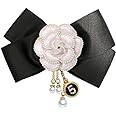 Camellia Flower Pre-Tied Big Bow Tassel Brooch Pin for Women Girls CZ Faux Pearl Lucky Number Five Chain Dangle Charm Fabric Pins Clip Lapel Bouquet Corsage Brooches Pins Elegant Jewelry Gifts for Sweater Dress Suit