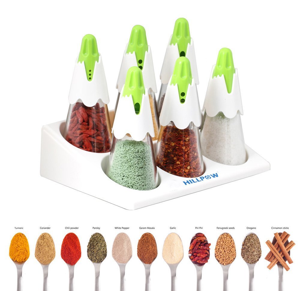 HILLPOW Spice Jars Storage Rack Seasonings Set 6 Glass Cute Pencil Shape Salt and Pepper Shakers for Kitchen Storage