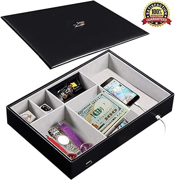 Amazon Com Juguhoovi Valet Tray Dresser Organizer With Lid For Men And Women 6 Slot Valet Tray Leather Black Nightstand Organizer Jewelry Accessories Box For Keys Phone Wallet Coin Jewelry Home Improvement