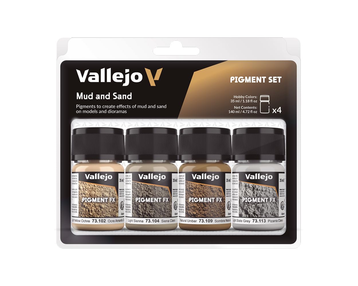 Vallejo Pigment FX Set, 4 Synthetic Colors for Mud and Sand Effects, 35 ml Each, Tutorial Included for Dioramas and Models
