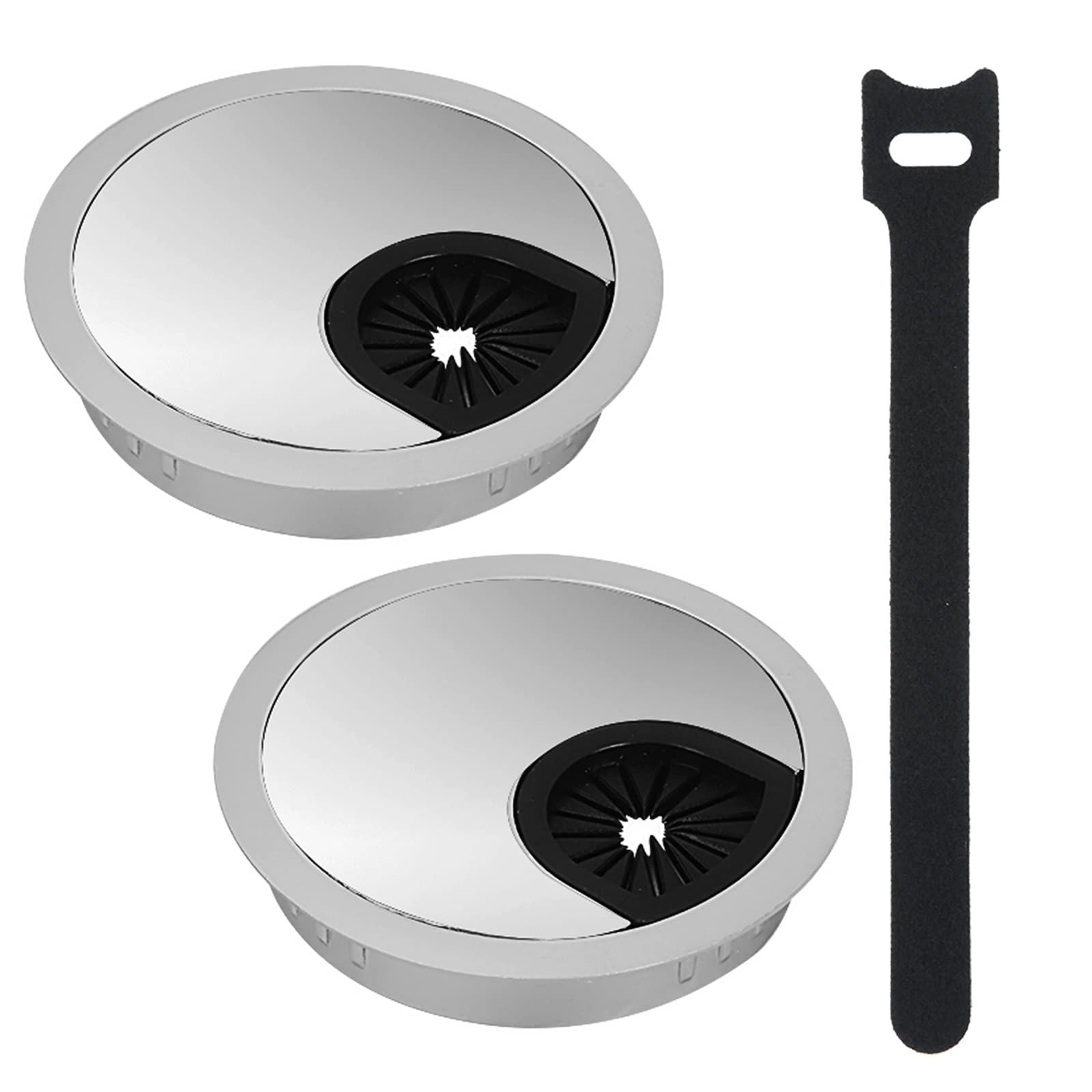 JatilEr 2Pcs Desk Grommet 80mm, Office Desk Cable Hole Cover Metal with 1 Cable Ties (Pearl Chrome)