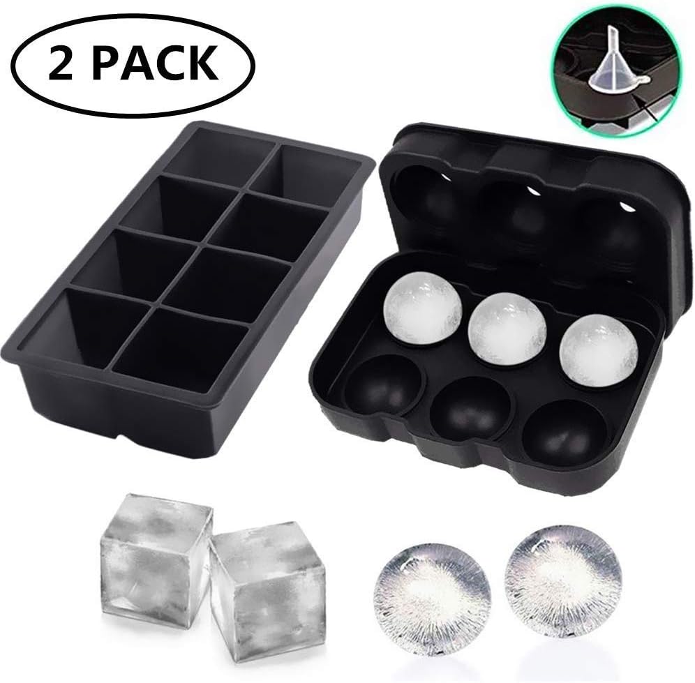 YD YD XINHUA Large Ice Cube Trays Ice Mold for Whiskey, Silicone Sphere Ice Mold & Large Square Ice Trays, Big Ice Cube Tray Ice Ball Maker with Lid Great for Whiskey,Reusable and BPA Free (2 PACK)