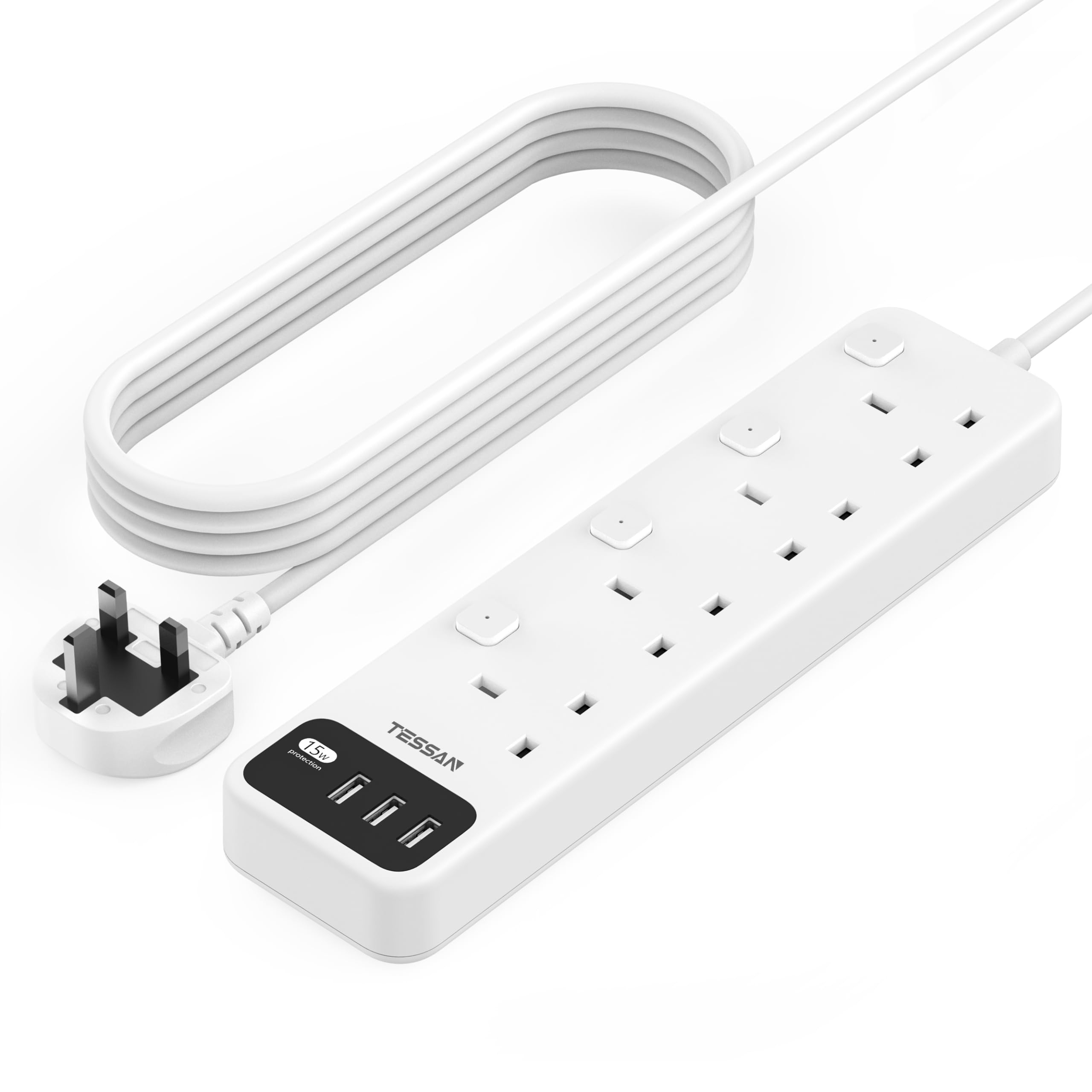 TESSAN Extension Lead 5M with 3 USB Slots, 4 Way Multi Plug Extender, Extension Cable with Switches, Multiplug Socket UK 3250W for Home Office School Supplies