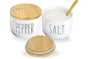 Farmhouse Salt And Pepper Containers,Salt Containers For Countertop,Stacked Ceramic Cellar With Bamboo Lid, Spice Box With Sp