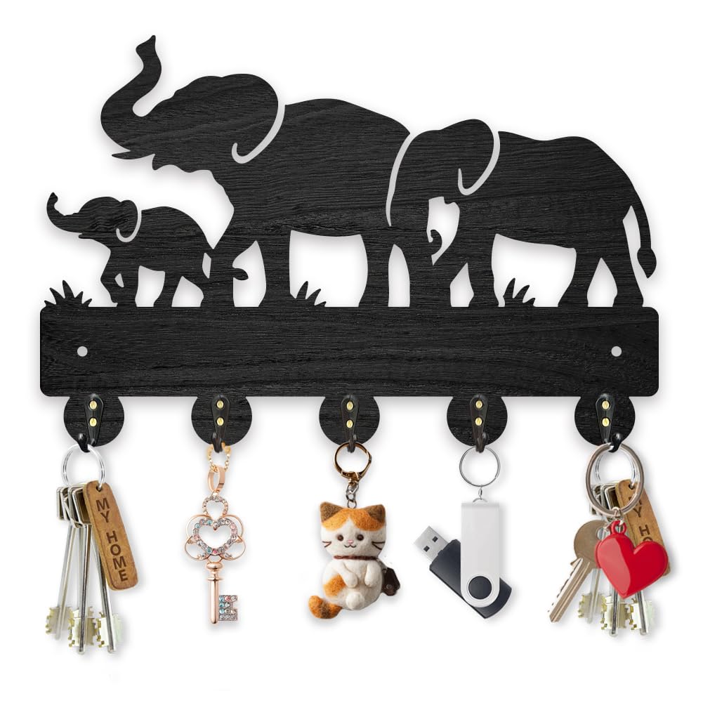 MAYJOYDIY Wood Elephant Family Coat Rack Wall Mount, Wild Animal Key Hangers 30×20cm, Art Decor Gift Black Key Rack Organizer With 5 Alloy Hooks for Bedroom Kitchen Entryway Office