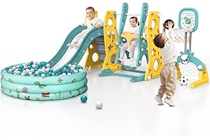 Amictoy Toddler Slide and Swing Set, 6 in 1 Kids Climber Slide Playset for Toddlers Age 1-3, Freestanding Baby Slide Indoor Outdoor Playground w/Basketball Hoop, Swing and Ball Pool (Yellow)