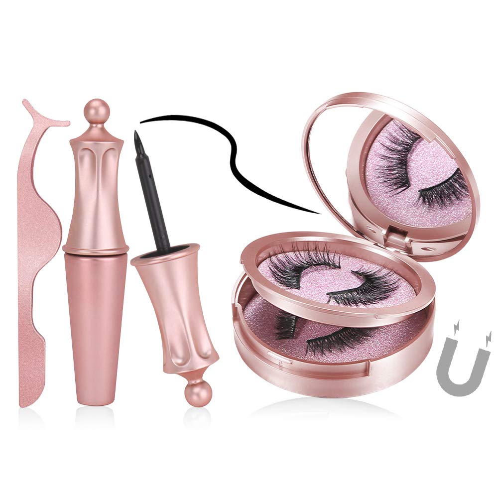 Magnetic Eyeliner and Lashes - 2 Pairs Reusable Magnetic Eyelashes & Magnetic Eyeliner with Tweezers Kit, Magnetic Lashes No Glue Needed