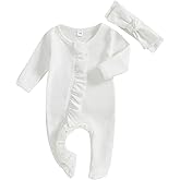 Fanvereka Newborn Infant Baby Girl Fall Outfit Romper 3 6 12 Months Girls Long Sleeve Full Length Zipper Footie Headband