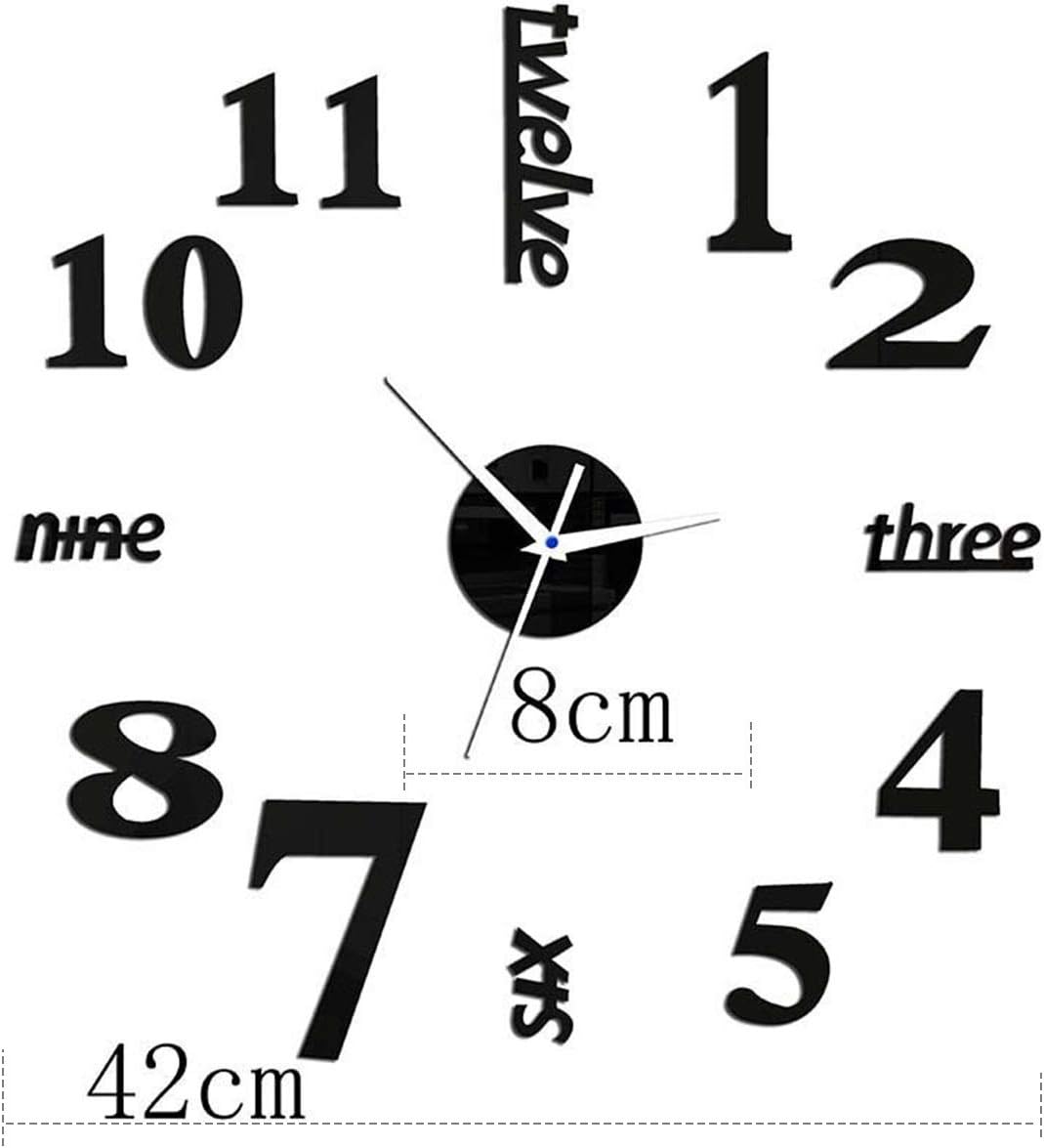 Yunhany Direct Large 3D Mirror Wall Clock Sticker,Number Acrylic Modern Adhesive for Office Kitchen Bedroom Home Decor Unique Gift (Color : Black)