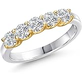 Gem Stone King 925 Silver and 10K Yellow Gold Lab Grown Diamond 5-Stone Wedding Engagement Anniversary Promise Ring For Women | 0.85 Cttw | Round 3.5MM | DEF Color | VVS-VS Clarity