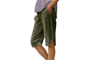 Womens Cotton Linen Bermuda Shorts Knee Length Dressy Causal Straight Leg Shorts with Pockets Summer Beach Outfits