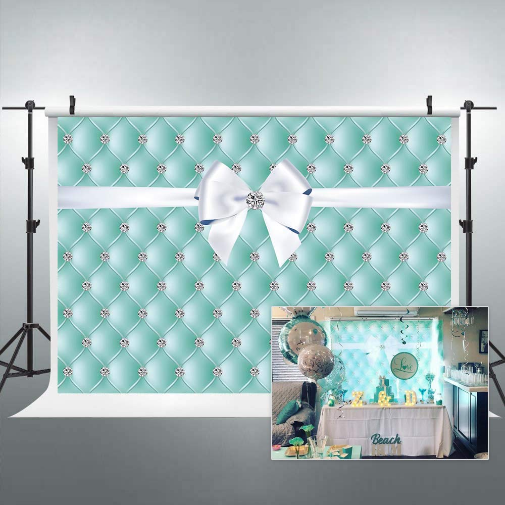 Photo 1 of ****FINAL SELL NOT RETURNS****Riyidecor Breakfast Blue Diamonds Bowknot Backdrop Aqua Turquoise Birthday Party Decorations Photography Background 7x5 Feet Teal Bridal Shower Wedding Celebration Props Girl Photo Shoot Fabric