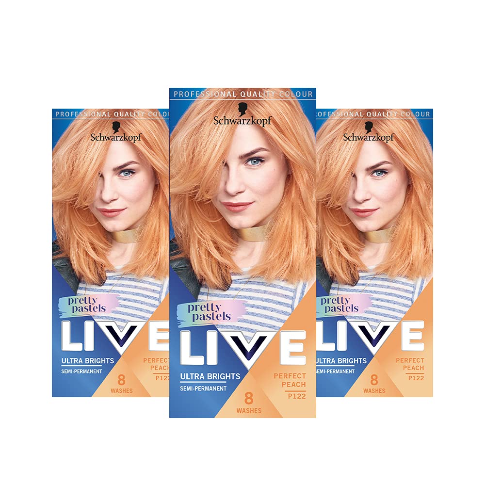 Schwarzkopf LIVE Pretty Pastels Semi-permanent Peach Copper Hair Dye, Lasts Up To 8 Washes - Perfect Peach P122 (Pack of 3)