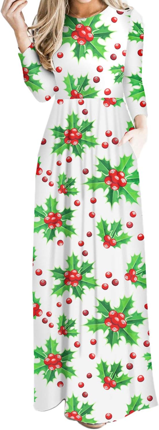 LaCouleur Women's Christmas Dress Xmas Print Party Ugly Christmas Long Maxi Dress with Pockets