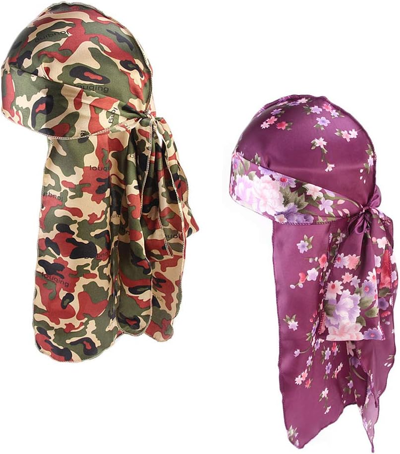 2 Pieces Silky Patterned Durag, Skullies & Beanies with Long Tails Straps