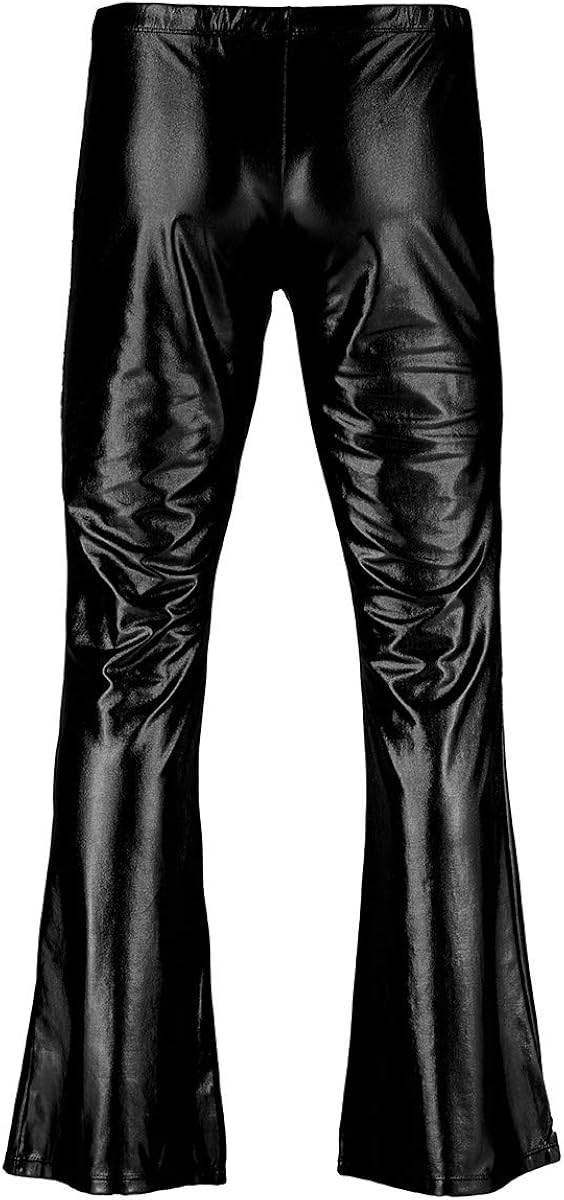 YiZYiF Men's PVC Leather 60s 70s Shiny Metallic Long Pants Bell Bottom Flared Trousers: Clothing