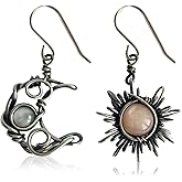 KVANU Unique Boho Vintage Asymmetry Opal Sun and Moon Drop Dangle Earrings Moonstone Natural Stone Hook Bohemian for Women Asymmetrical Antiqued Silver Celestial Jewelry