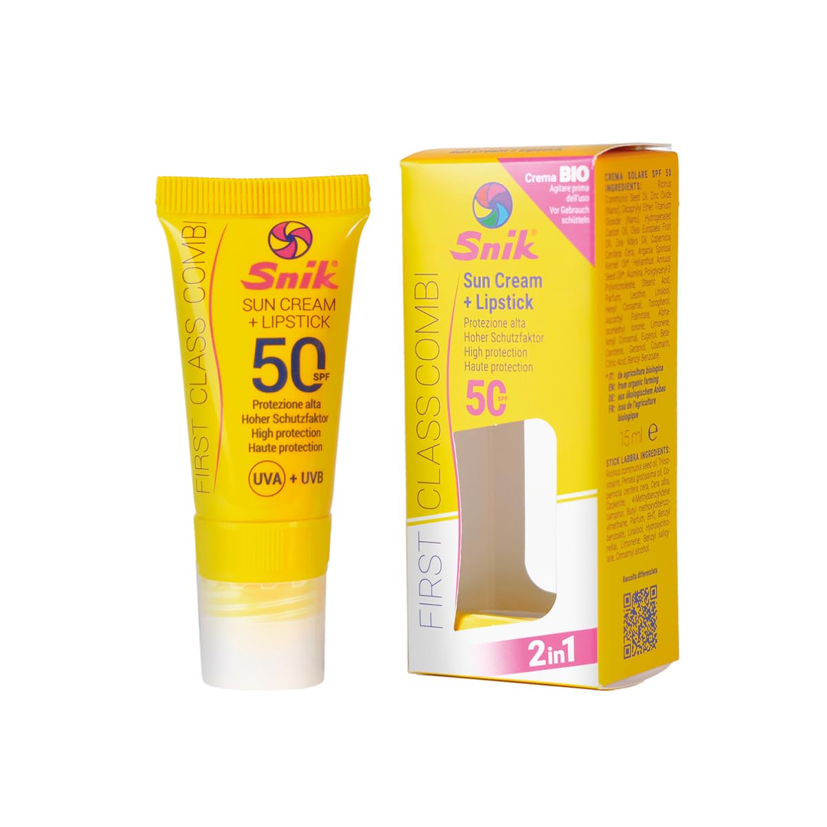 Snik FIRST CLASS CREAM COMBI 2in1 | Professional Face Sun Cream + Lip Lipstick | Mountain, Skiing, Extreme Sports | Organic with Carotene | SPF 50 High Protection UVA + UVB | Tube 15 ml