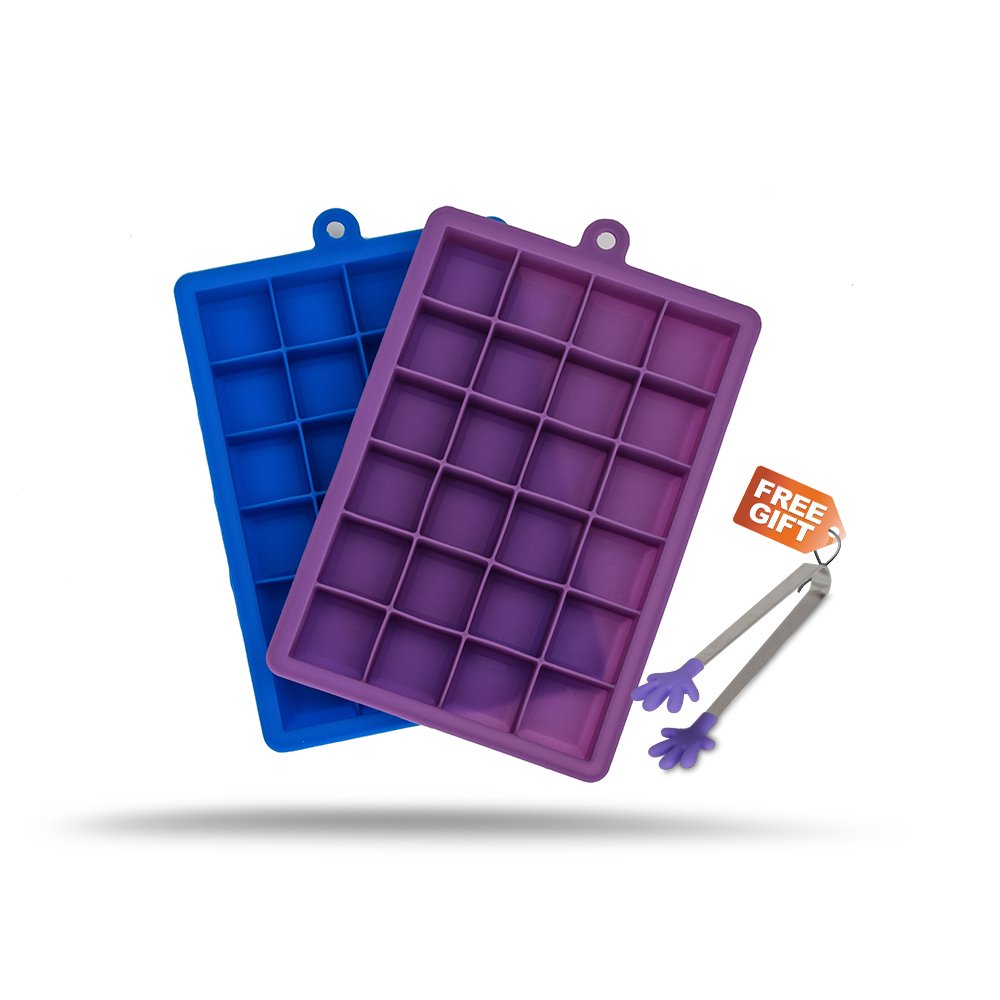 Silicone Ice Cube Trays , Set of 2, 24 Cubes Each,With a Mini Tongs (Purple & Blue)