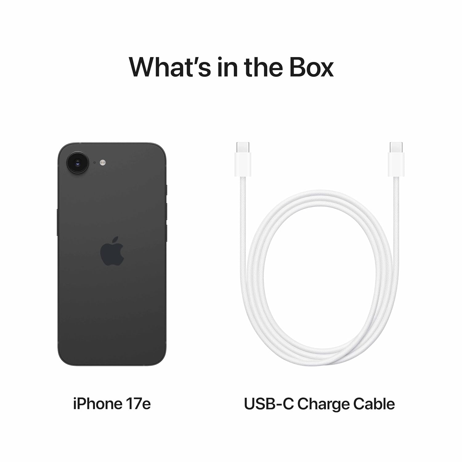 Contents of the iPhone 17e box, showing the iPhone and a USB-C charge cable.
