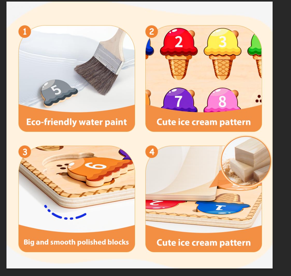 Wooden Puzzles for Toddlers,Montessori Toys,Preschool Learning Activities,Peg Puzzle with Ice Cream Shape and Color Number Matching Educational Toys