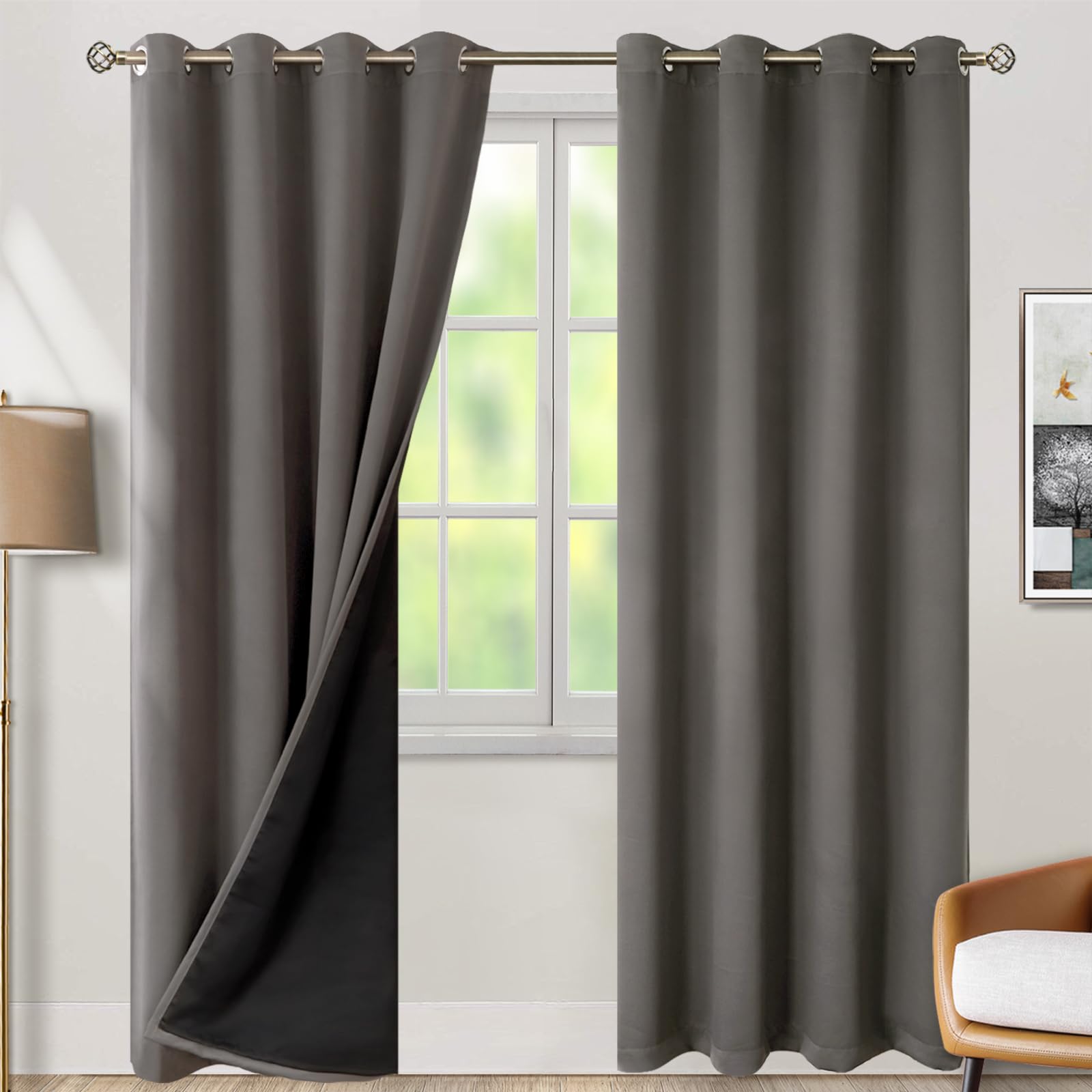 Photo 1 of BGment Thermal Insulated 100% Blackout Curtains for Bedroom with Black Liner, Double Layer Full Room Darkening Noise Reducing Grommet Curtain (52 x 90 Inch, Grey, 2 Panels)