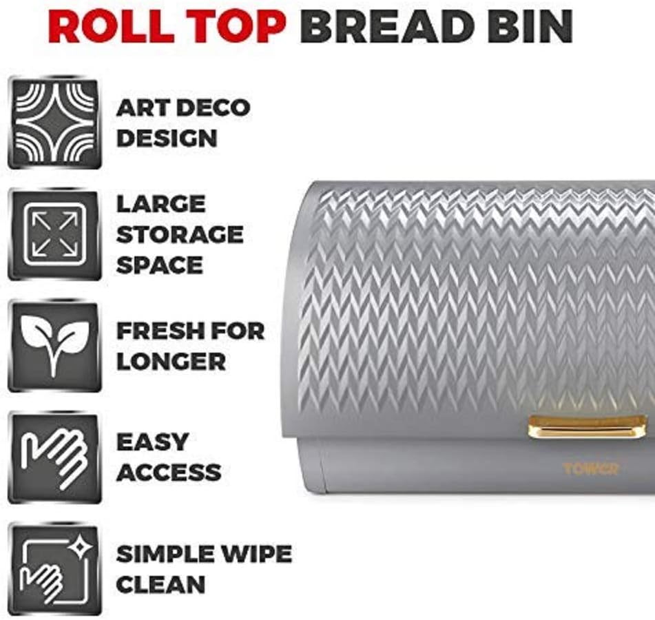 Tower T826090GRY Empire Roll Top Bread Bin, Stainless Steel, Grey and Brass, One Size - Image 3