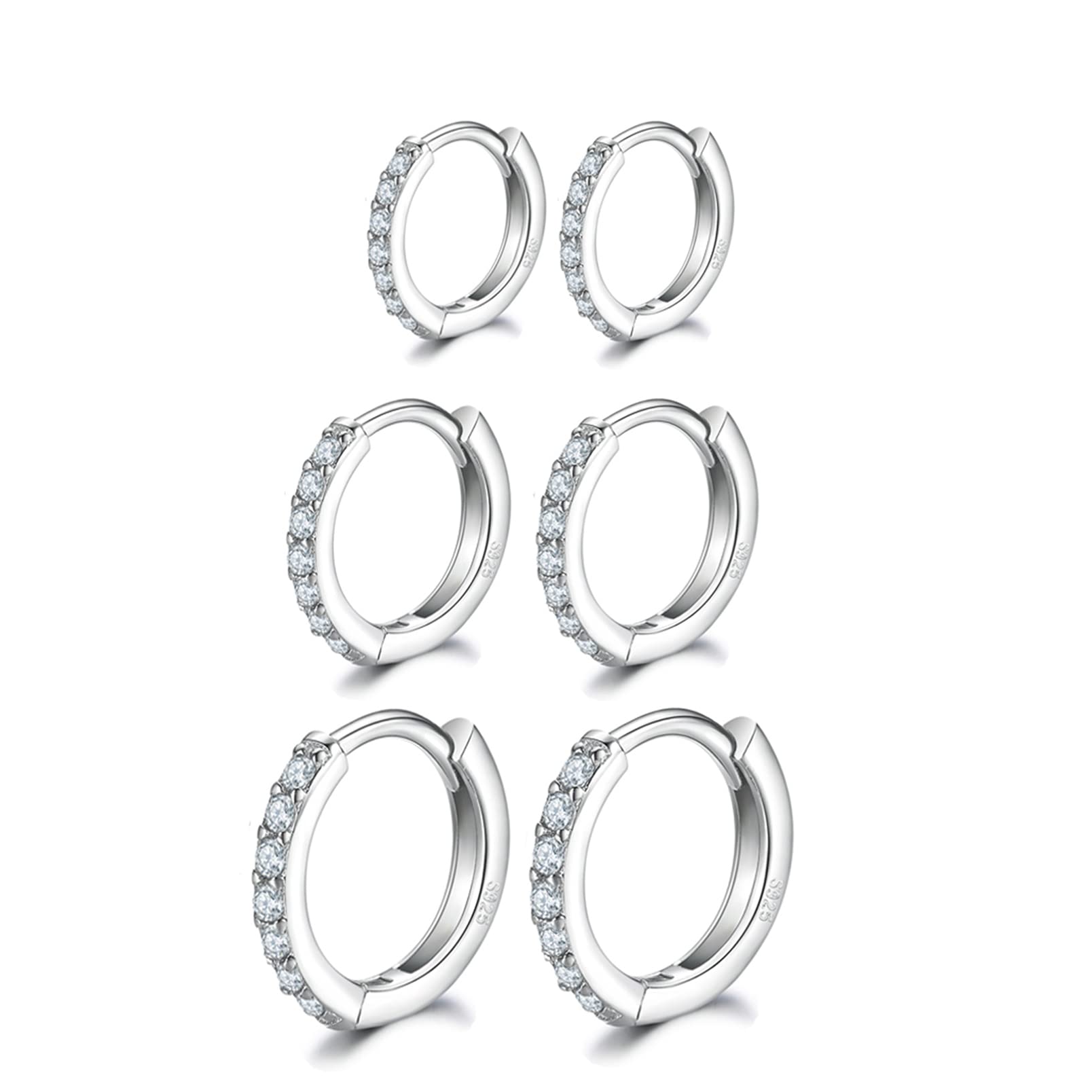 Silver Hoops Earrings for Women, 925 Sterling Silver Post Small Silver Hoop Earrings with AAA Cubic Zirconia, 3 Pairs Small Sleeper Hoops Huggie Hinged Earrings (8/10/12mm)