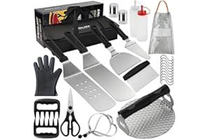 grilljoy Professional Griddle Accessories Kit Set with Smash Burger Press - Extra Thick Grill Spatula, Scraper, Flipper - 28PCS Flat Top Grill Tools Kit For Outdoor Barbecue Teppanyaki Camping Cooking