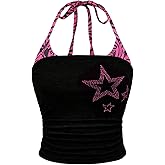 BEAUDRM Women's Y2k Star Glitter Halter Tops Goth Tie Backless Sleeveless Ruched Fitted Cami Crop Top