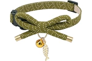 PetSoKoo Cute Bowtie Cat Collar with Bell. Japanese Stylish Bowknot & Fish Charm. Safety Breakaway, Soft, Lightweight, for Girl Boy Male Female Cats Kitten,Green