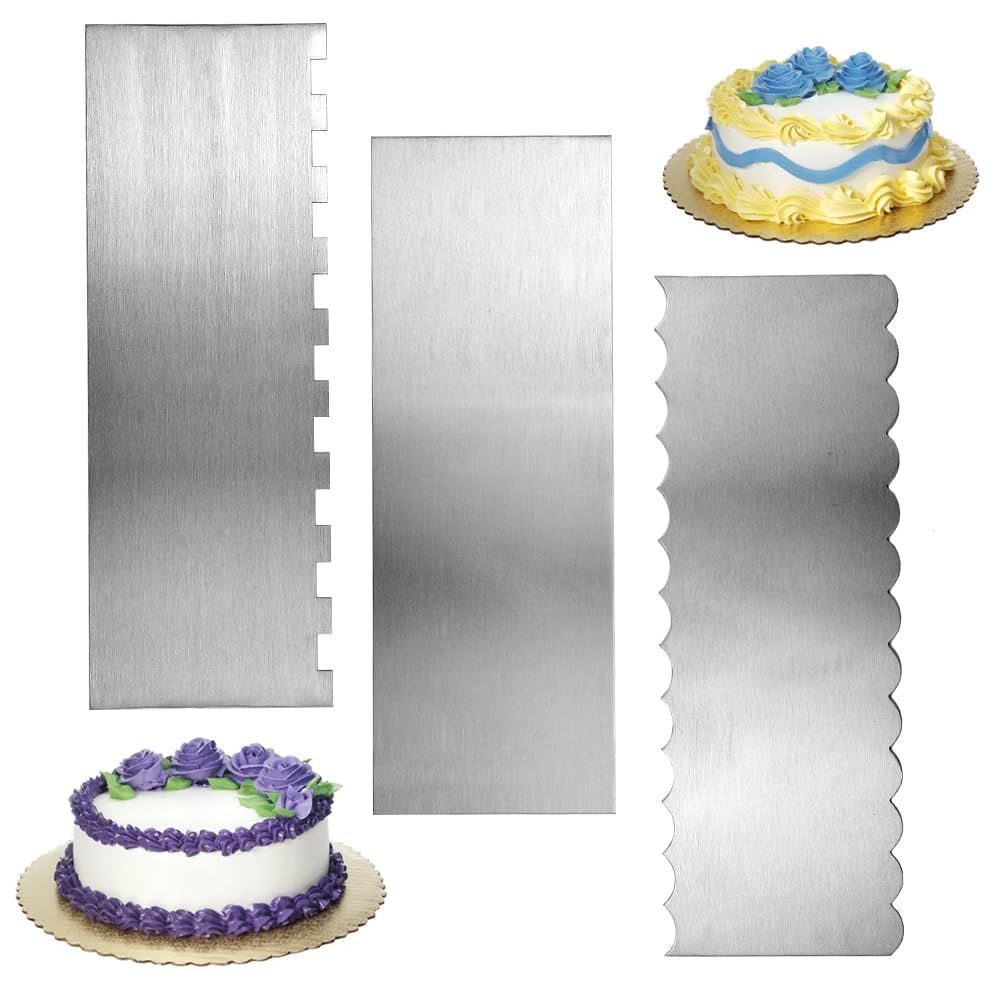 Cake Scraper, ADERTOS 3 PCS 9 Inch Stainless Steel Cake Edge Scraper Metal Cake Smoother Icing Frosting Buttercream Comb Double Sided Pastry Cutter Cake Decorating Tools for Cream Cake Decorating