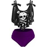 DRESSFO Gothic Skull Tankini Bikini Set | Soft Stretch Swim Fabric, Padded Wire-Free Tops, High-Waisted Two-Piece, Beach Pool Day Ready
